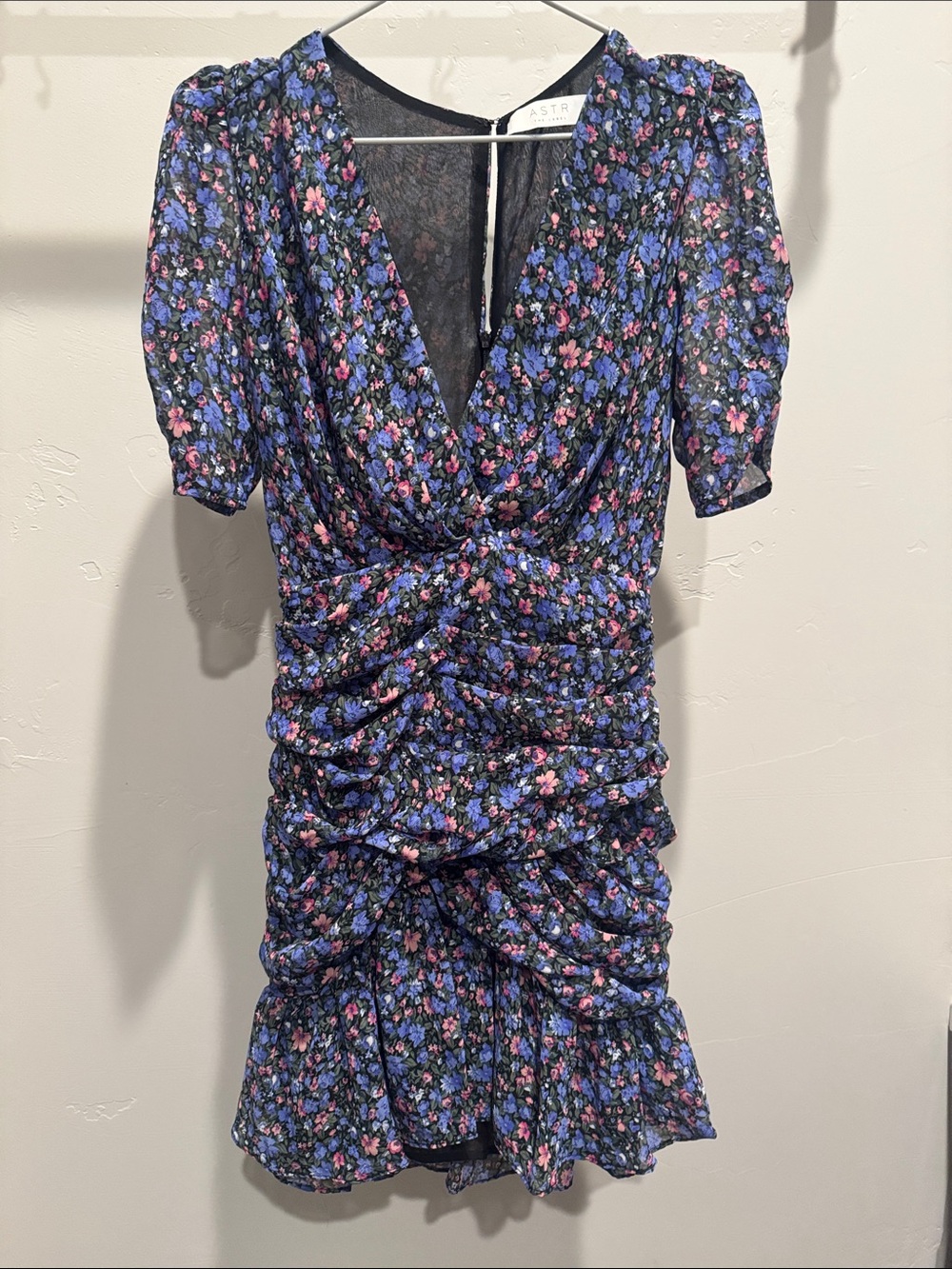 Astr Floral Ruched V-Neck Mini Dress in Blue and Pink